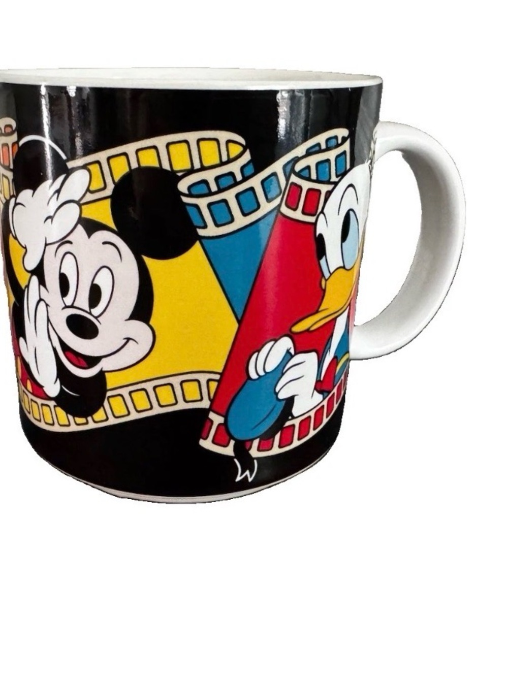 VTG Disney Black Ceramic Mug with Mickey & Donald Colorful Filmstrip Design